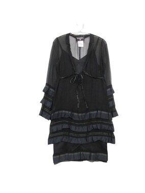 Chanel Set Vintage Silk 100% Sheer Chiffon Dress Back Zip Straight Black